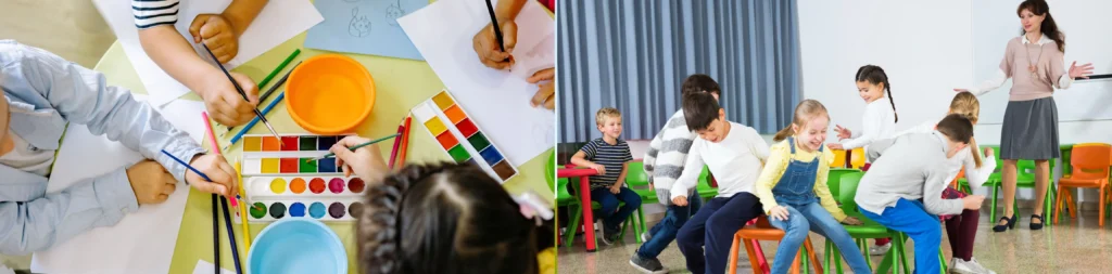 A two-panel banner showing elementary school children engaged in classroom activities. Left: an overhead view of kids' hands gathered around a table with watercolor paints, paintbrushes, and colored pencils during an art session. Right: a teacher gestures near a whiteboard while laughing children play a chair game in a brightly colored classroom.