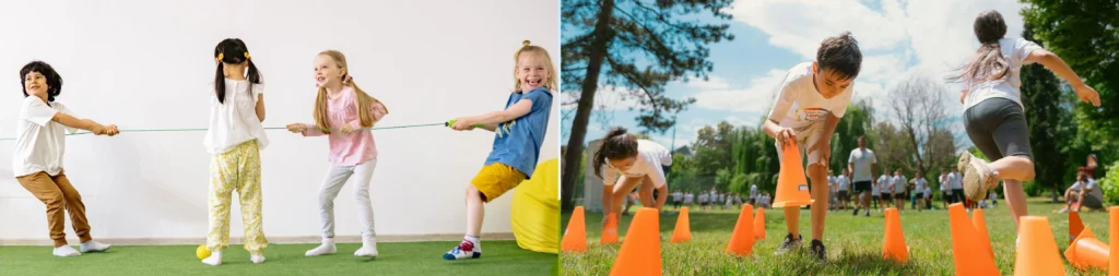 A two-panel banner showing children playing cooperative outdoor games. Left: four laughing children work together to pull a rope during a tug-of-war game. Right: children leap over and weave through a row of orange traffic cones on a sunny grass field.
