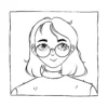 Line-art portrait of a woman with shoulder-length wavy hair, round glasses, and a gentle smile.