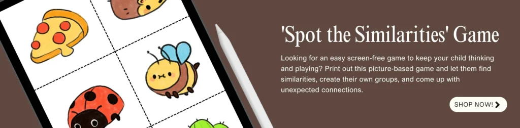 Promo banner for the printable 'Spot the Similarities' Game, showing hand-drawn picture cards of a pizza slice, bee, and ladybird.